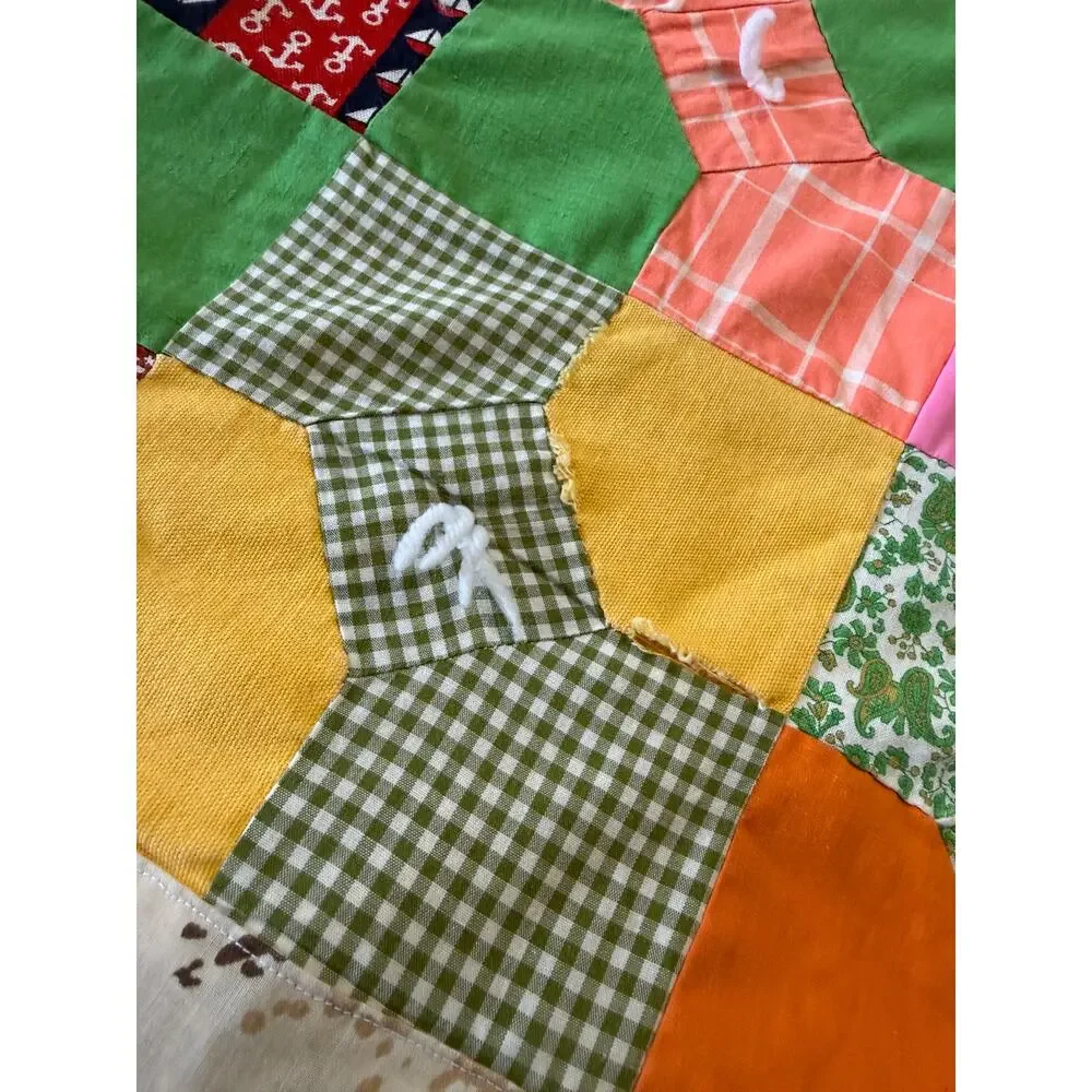 Vintage Handmade Bow Tie Pattern Patchwork Quilt Cotton Blend Queen 84 x 92